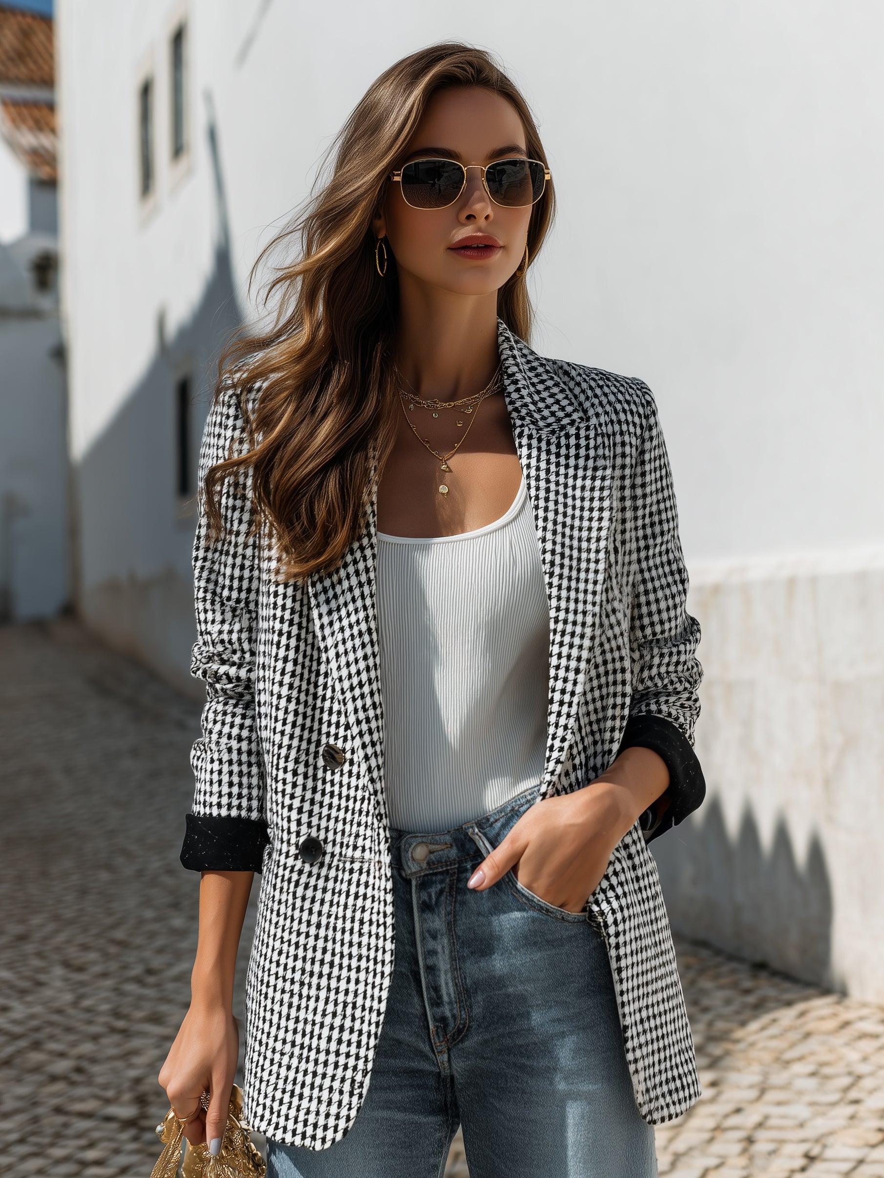 Casual Black White Houndstooth Oversized Blazer Jacket