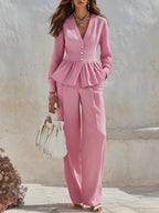 Mediterranean Chic Dusty Pink V Neck Peplum Top Wide Leg Pants Set
