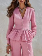 Mediterranean Chic Dusty Pink V Neck Peplum Top Wide Leg Pants Set