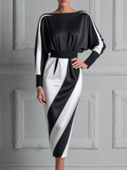 Black White Fall Fashion Batwing Top & Contrast Panel Pencil Skirt Set