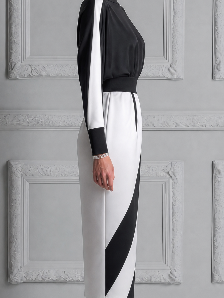 Black White Fall Fashion Batwing Top & Contrast Panel Pencil Skirt Set