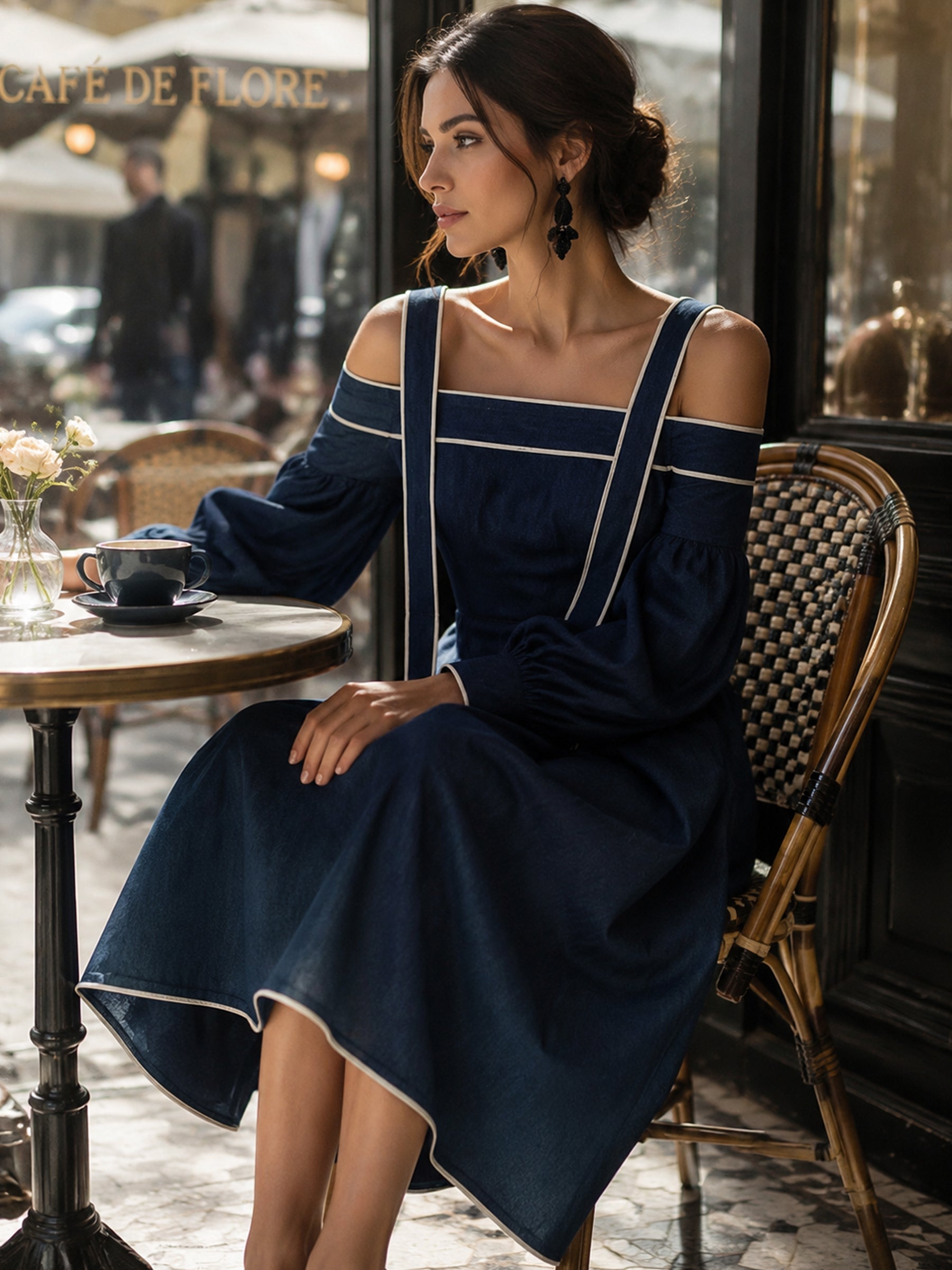 Women's Navy Blue Off Shoulder Midi Dress – Elegant A-Line Long Sleeve Dress With Contrast Trim