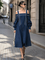 Women's Navy Blue Off Shoulder Midi Dress – Elegant A-Line Long Sleeve Dress With Contrast Trim