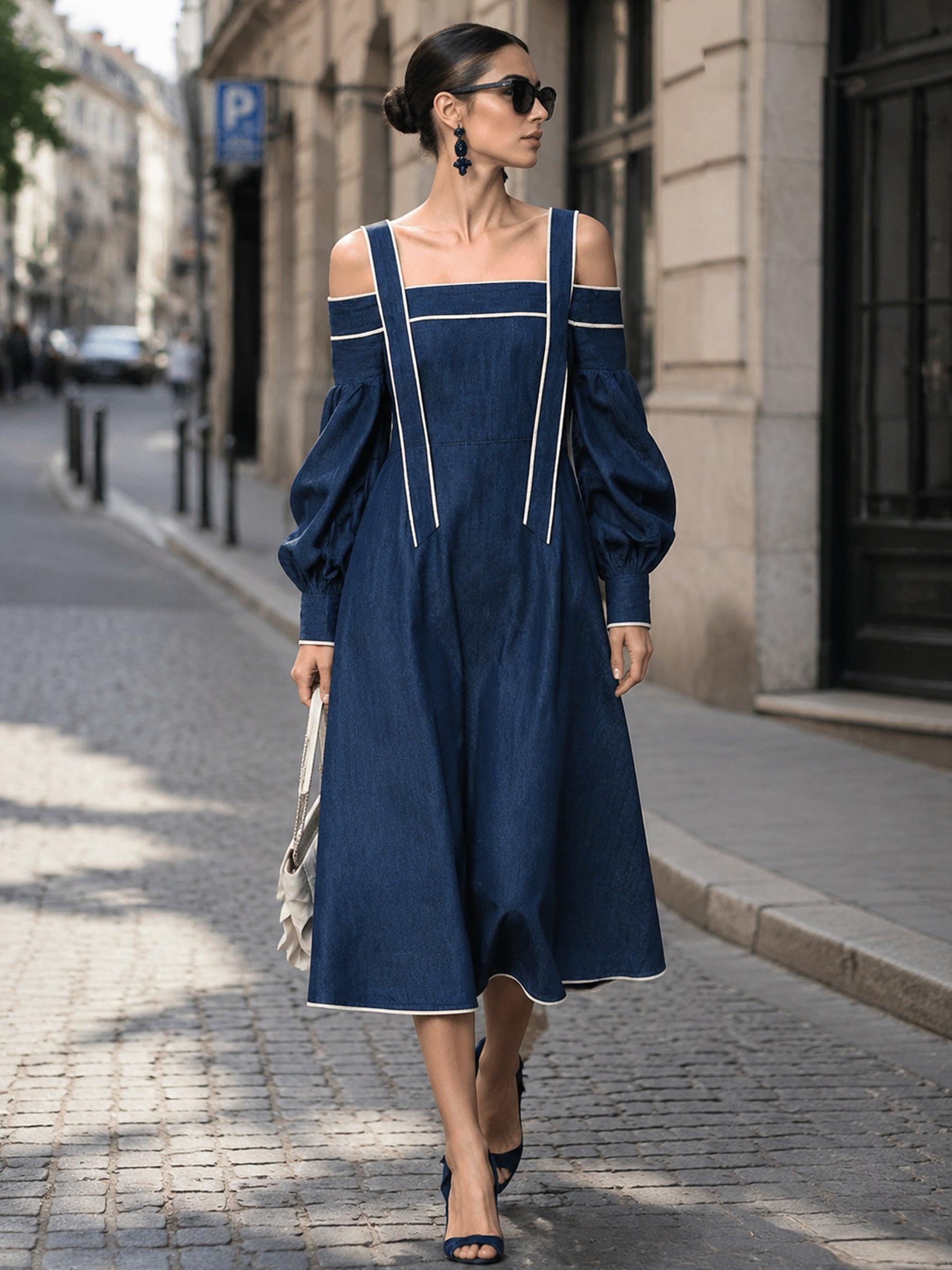 Women's Navy Blue Off Shoulder Midi Dress – Elegant A-Line Long Sleeve Dress With Contrast Trim