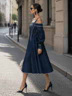 Women's Navy Blue Off Shoulder Midi Dress – Elegant A-Line Long Sleeve Dress With Contrast Trim