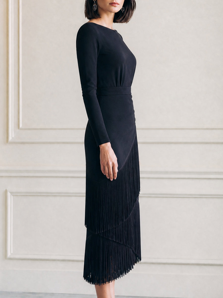 Asymmetric Fringe Layered Boat Neck Sheath Midi Dress