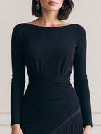 Asymmetric Fringe Layered Boat Neck Sheath Midi Dress
