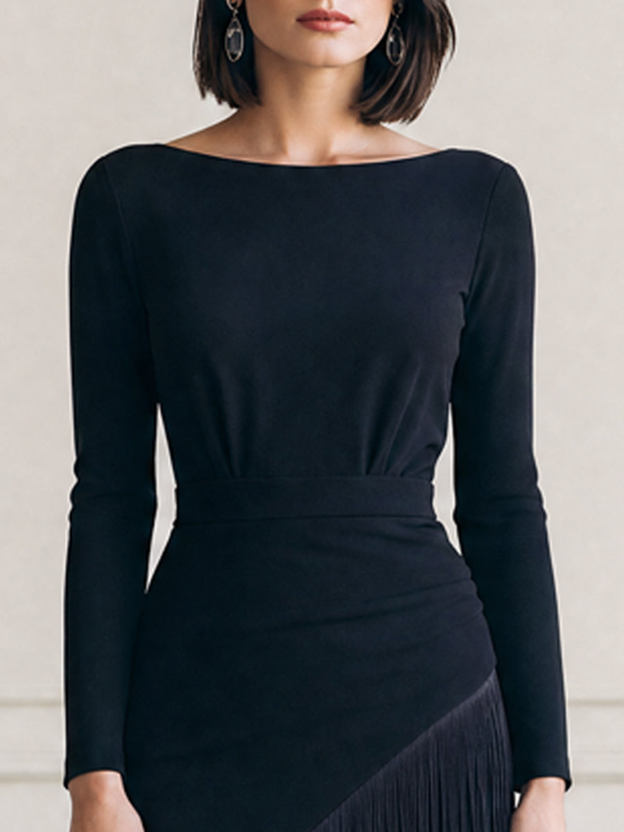 Asymmetric Fringe Layered Boat Neck Sheath Midi Dress