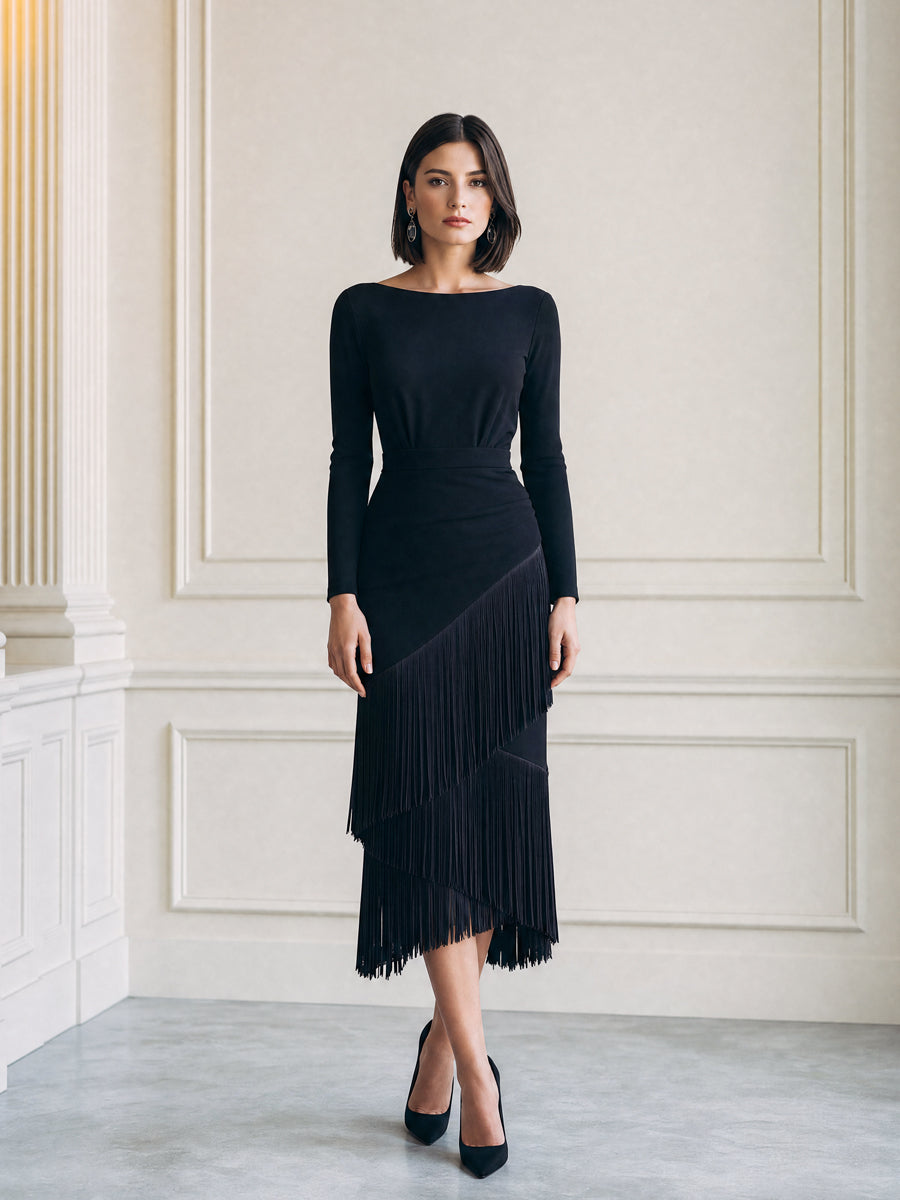 Asymmetric Fringe Layered Boat Neck Sheath Midi Dress