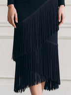 Asymmetric Fringe Layered Boat Neck Sheath Midi Dress