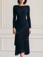 Asymmetric Fringe Layered Boat Neck Sheath Midi Dress
