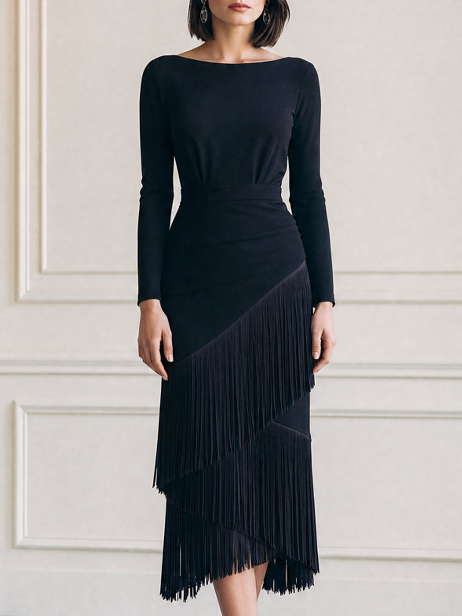 Asymmetric Fringe Layered Boat Neck Sheath Midi Dress