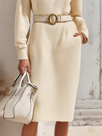 Old Money Minimalist Cream Half Zip Belted Rib Knit Midi Dress