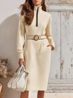 Old Money Minimalist Cream Half Zip Belted Rib Knit Midi Dress