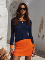 Nautical Preppy Navy Orange Color Block Knit Skirt Set