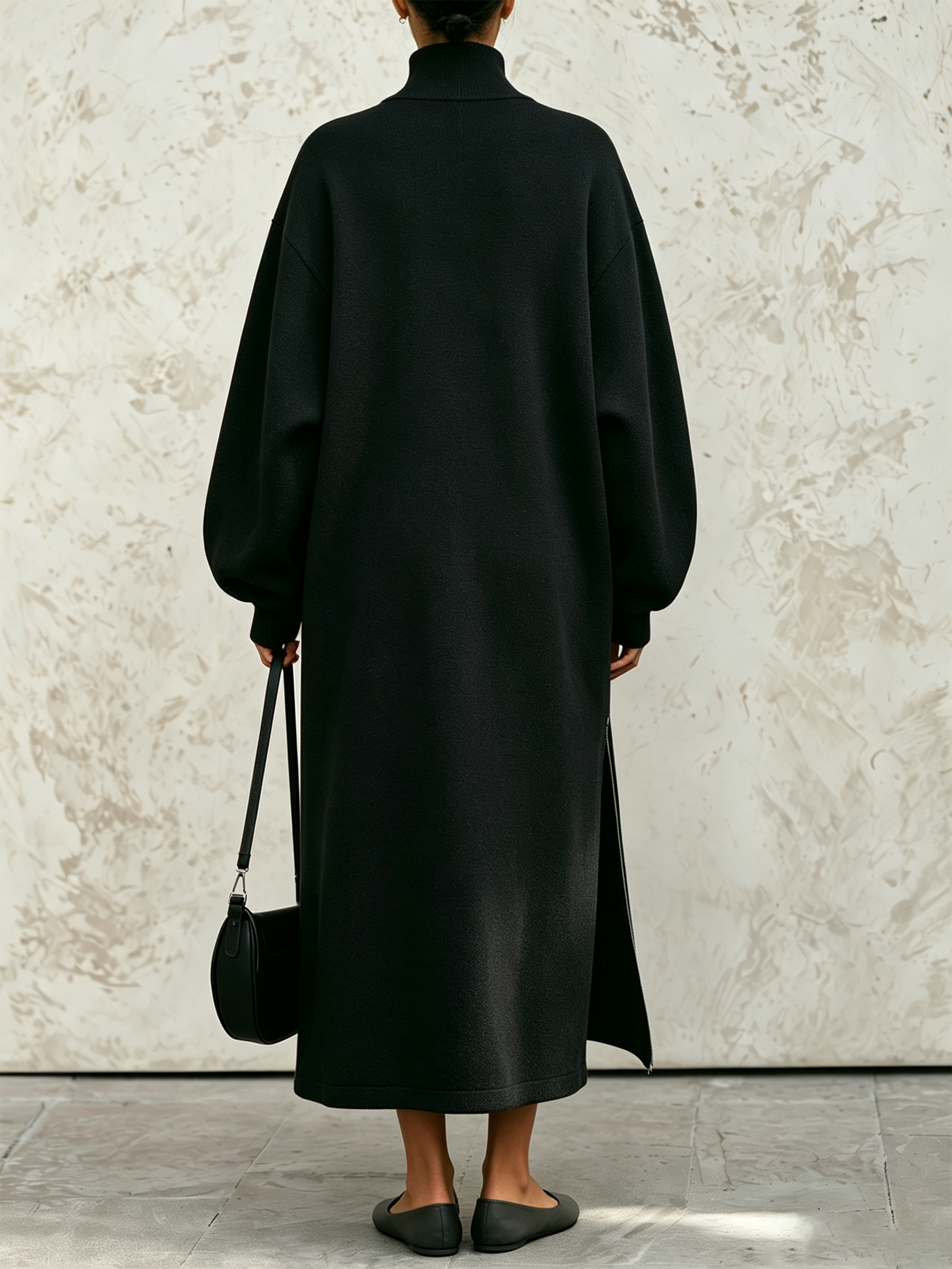 Dark Grey Half‑Zip Stand Collar Contrast Stitch Oversized Maxi Sweatshirt Dress
