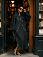 Dark Grey Half‑Zip Stand Collar Contrast Stitch Oversized Maxi Sweatshirt Dress