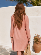 Bohemian Embroidered V-Neck Long Sleeve Pink Faux Suede Mini Dress