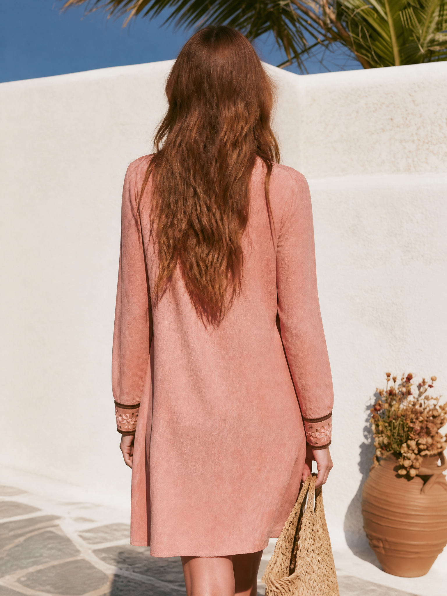 Bohemian Embroidered V-Neck Long Sleeve Pink Faux Suede Mini Dress