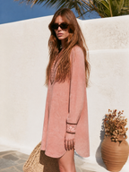 Bohemian Embroidered V-Neck Long Sleeve Pink Faux Suede Mini Dress