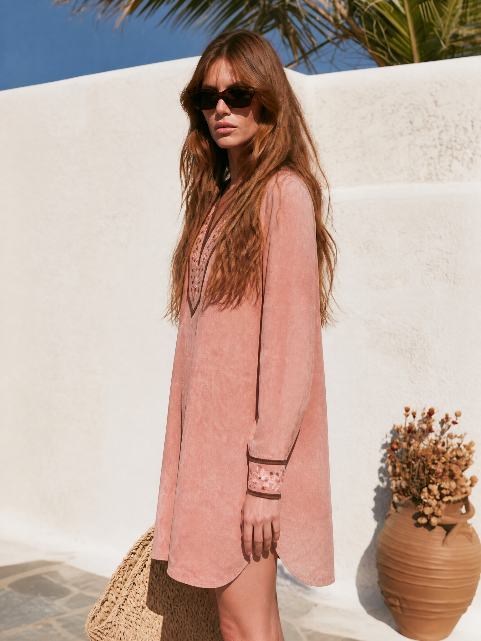 Bohemian Embroidered V-Neck Long Sleeve Pink Faux Suede Mini Dress