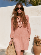 Bohemian Embroidered V-Neck Long Sleeve Pink Faux Suede Mini Dress