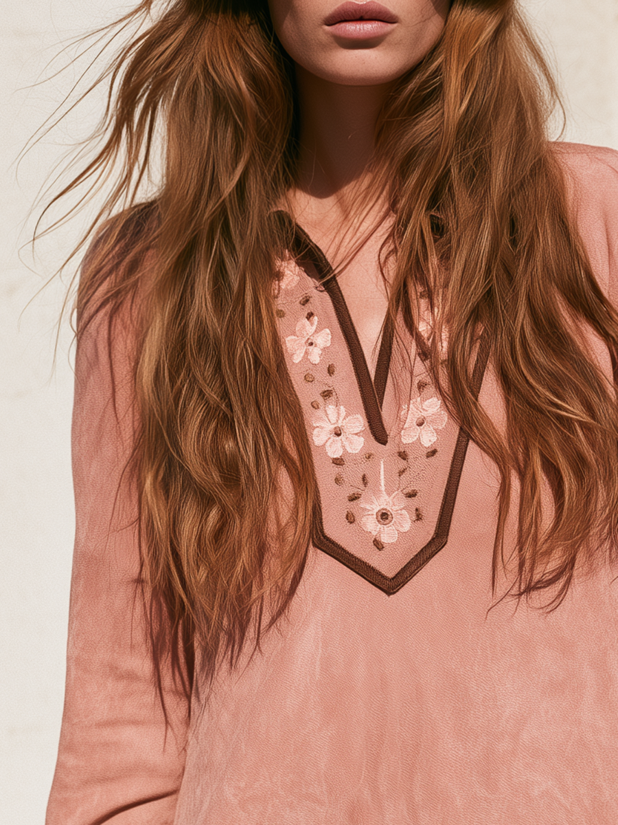 Bohemian Embroidered V-Neck Long Sleeve Pink Faux Suede Mini Dress
