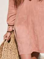 Bohemian Embroidered V-Neck Long Sleeve Pink Faux Suede Mini Dress