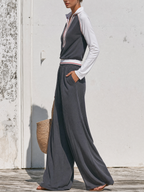 Color Block Half Zip Long Sleeve Top & Elastic Waist Wide Leg Pants Two Piece Set
