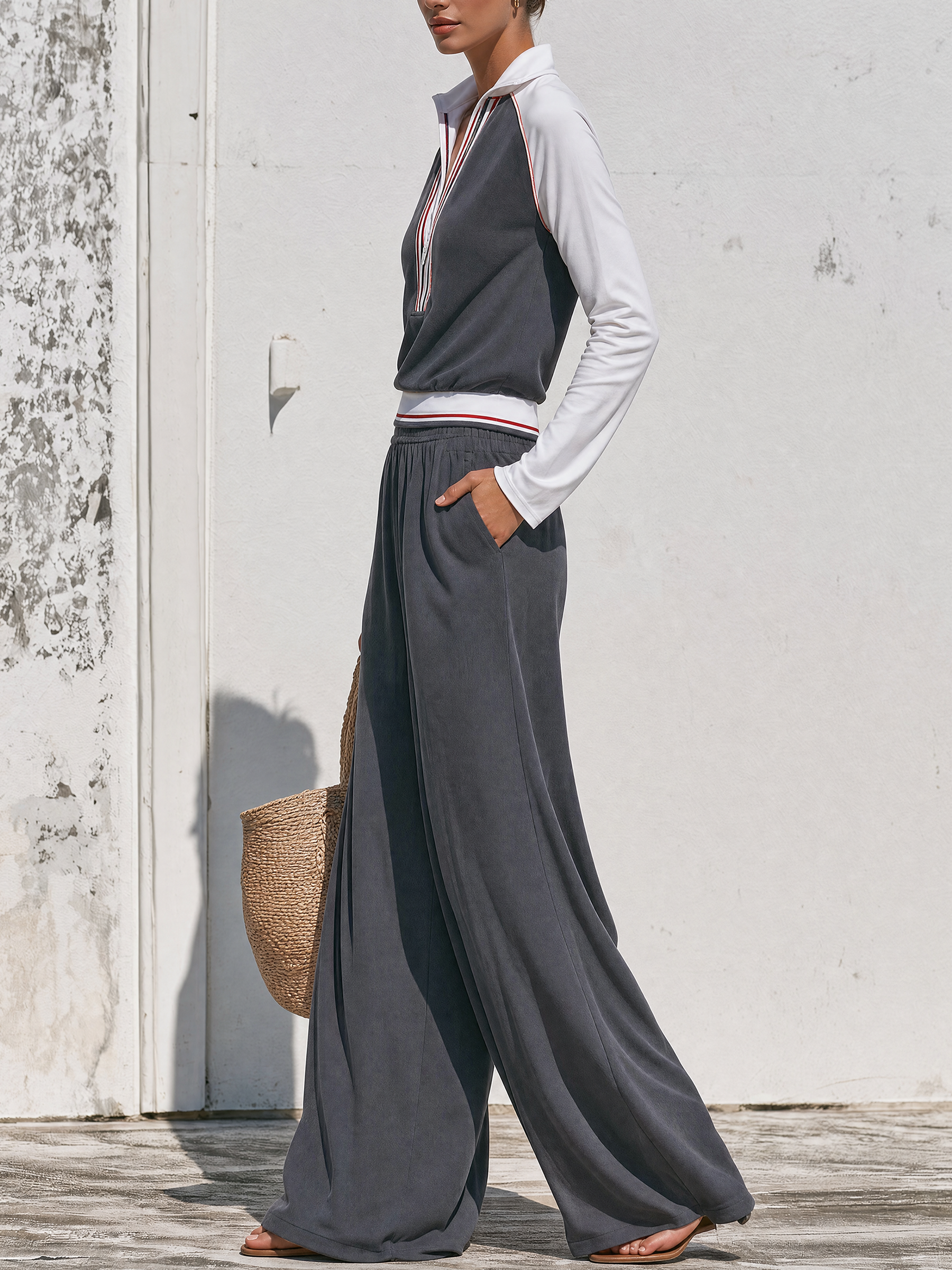 Color Block Half Zip Long Sleeve Top & Elastic Waist Wide Leg Pants Two Piece Set