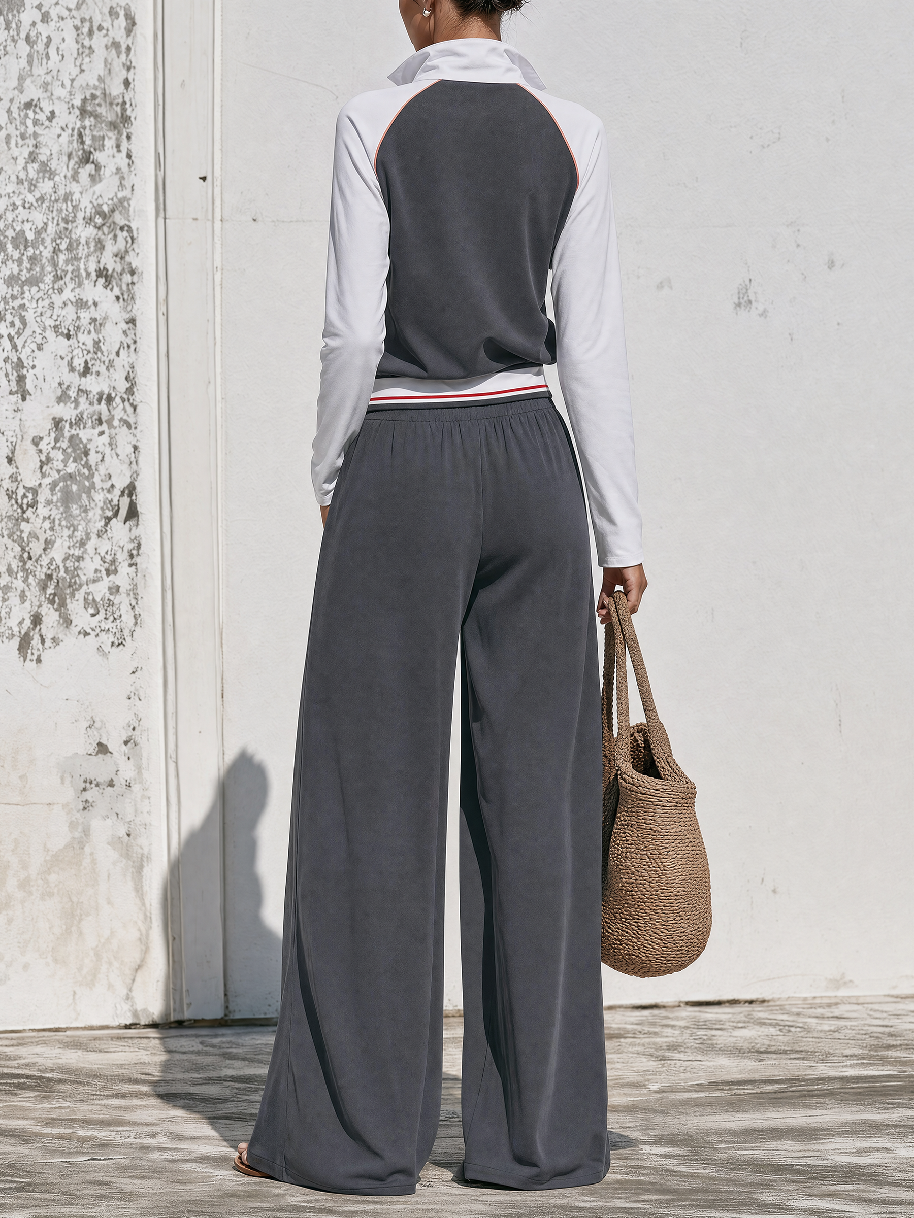 Color Block Half Zip Long Sleeve Top & Elastic Waist Wide Leg Pants Two Piece Set