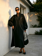 Dark Grey Half‑Zip Stand Collar Contrast Stitch Oversized Maxi Sweatshirt Dress