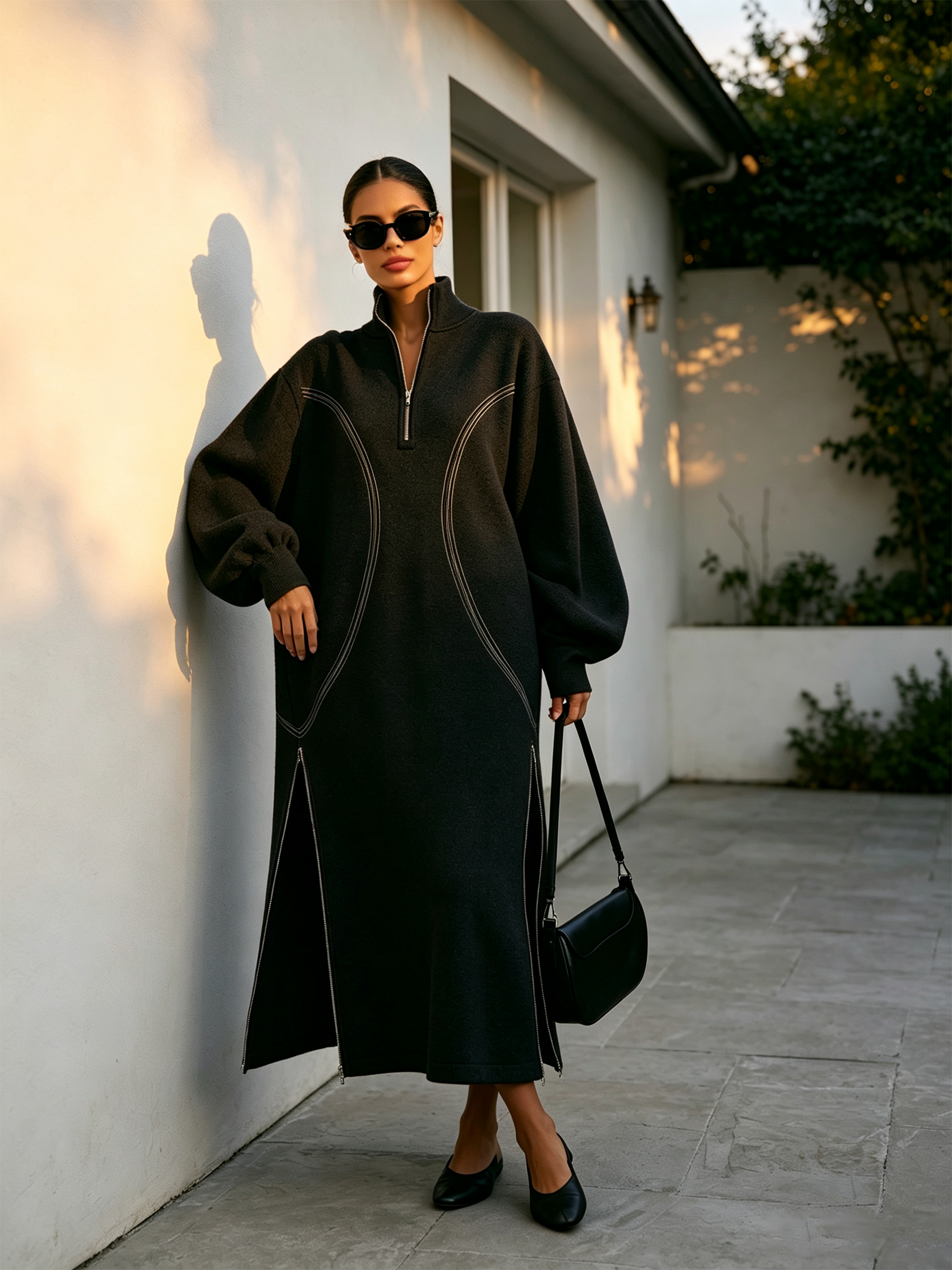 Dark Grey Half‑Zip Stand Collar Contrast Stitch Oversized Maxi Sweatshirt Dress