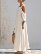 Asymmetric Cold Shoulder Button Detail Linen Maxi Dress
