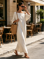 Asymmetric Cold Shoulder Button Detail Linen Maxi Dress