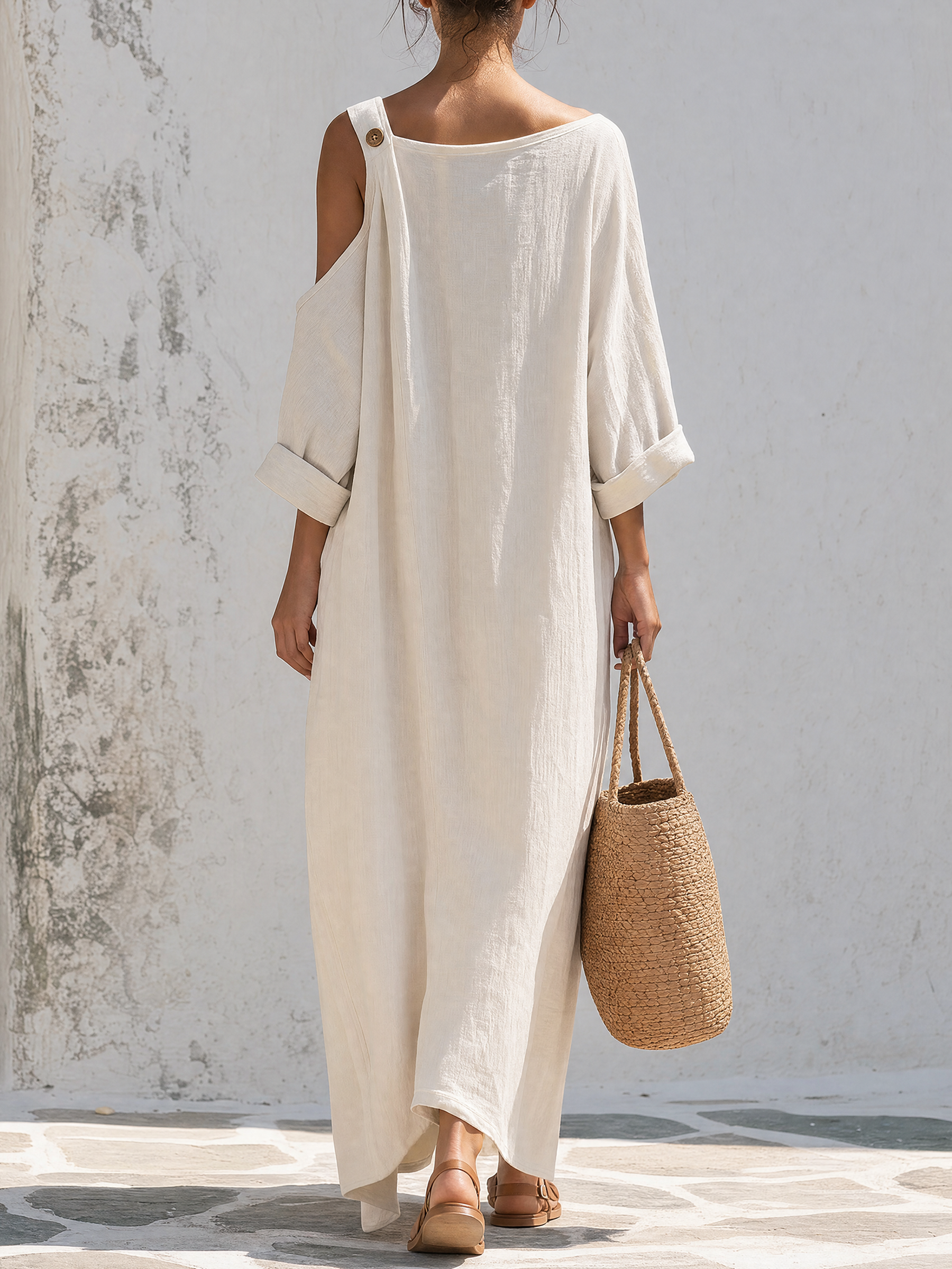 Asymmetric Cold Shoulder Button Detail Linen Maxi Dress