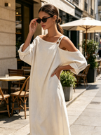 Asymmetric Cold Shoulder Button Detail Linen Maxi Dress