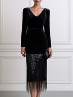V-Neck Long Sleeve Velvet Dress With Sequin Tassel Fringe Hem