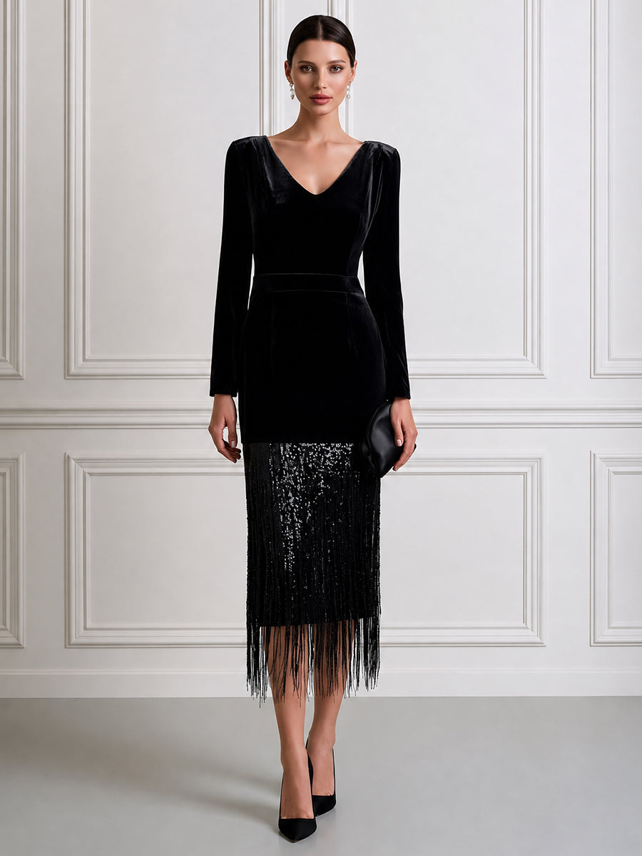 V-Neck Long Sleeve Velvet Dress With Sequin Tassel Fringe Hem