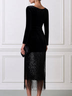 V-Neck Long Sleeve Velvet Dress With Sequin Tassel Fringe Hem
