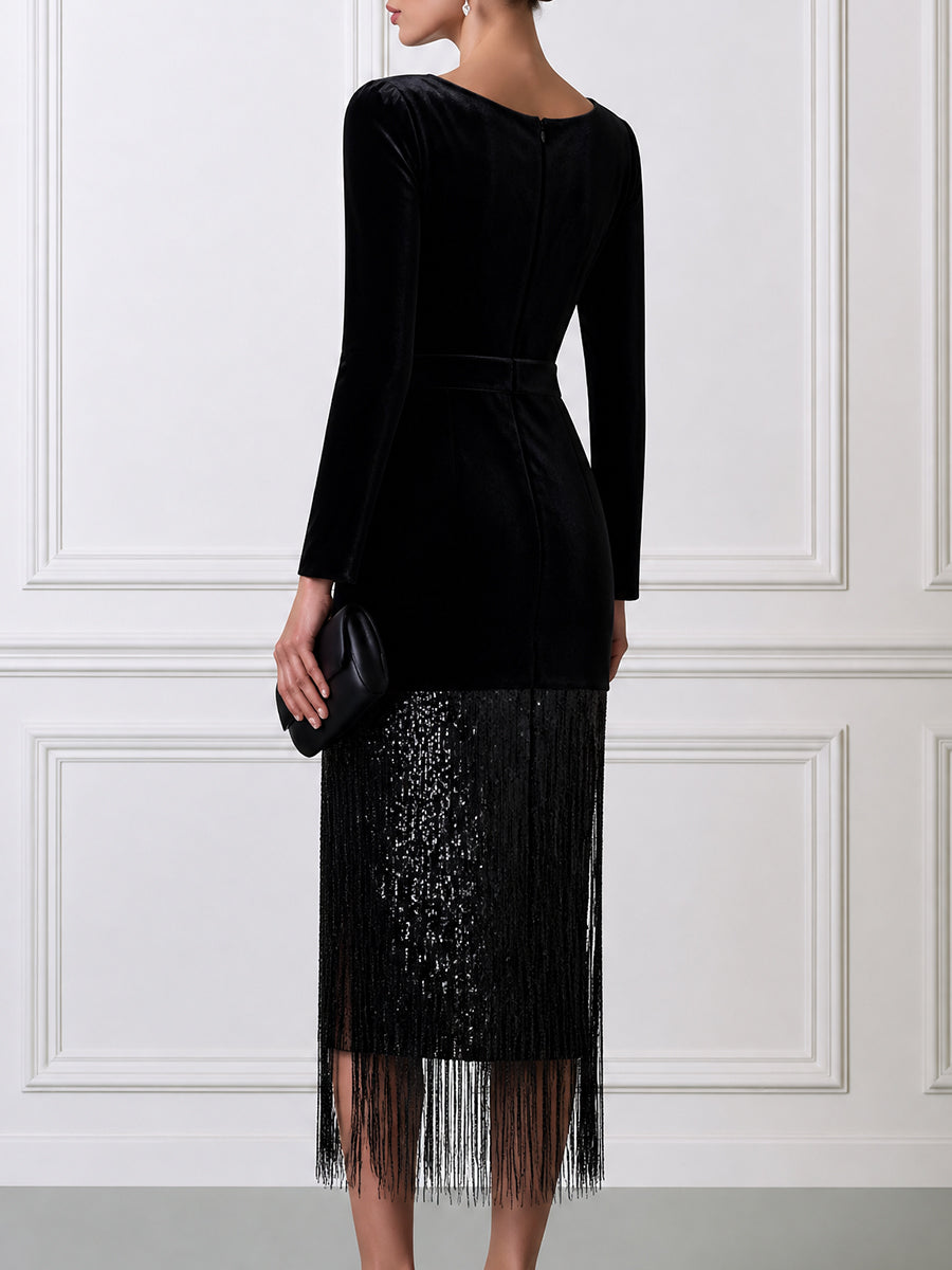 V-Neck Long Sleeve Velvet Dress With Sequin Tassel Fringe Hem