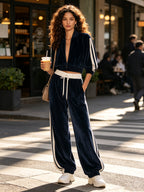 Velvet Track Set – Women’s Contrast Stripe Zip Jacket & Wide Leg Pants