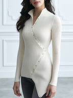 Asymmetric Button Ribbed Knit Top