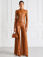 Faux Leather Zip-Up Jacket & Wide-Leg Pants Two-Piece Set