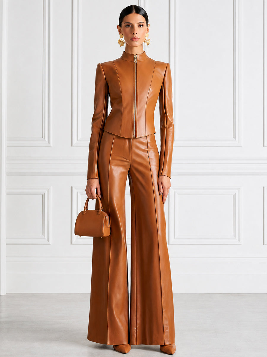 Faux Leather Zip-Up Jacket & Wide-Leg Pants Two-Piece Set