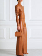 Faux Leather Zip-Up Jacket & Wide-Leg Pants Two-Piece Set