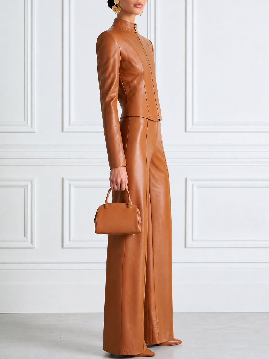 Faux Leather Zip-Up Jacket & Wide-Leg Pants Two-Piece Set