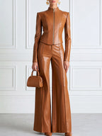 Faux Leather Zip-Up Jacket & Wide-Leg Pants Two-Piece Set