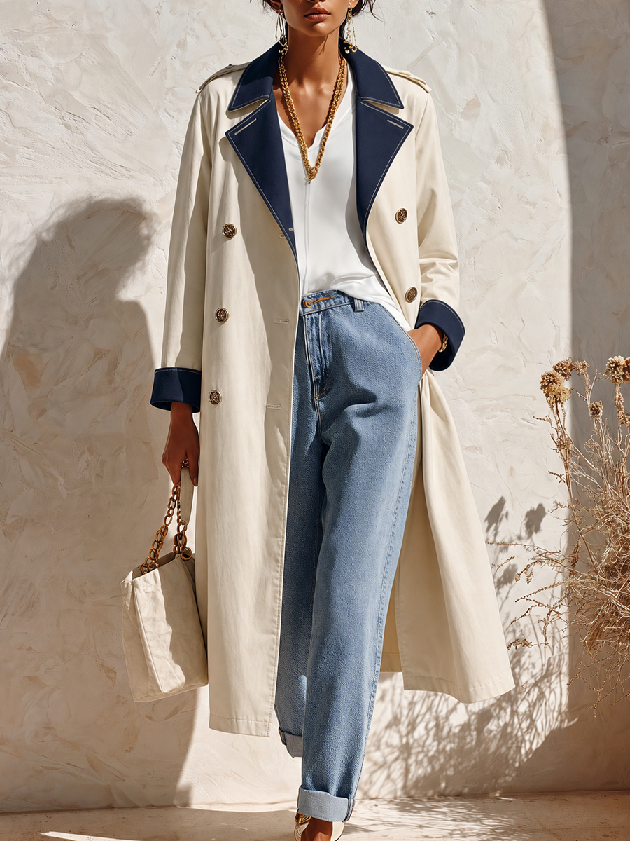 Resort-style Lapel Color-blocked Loose Trench Coat