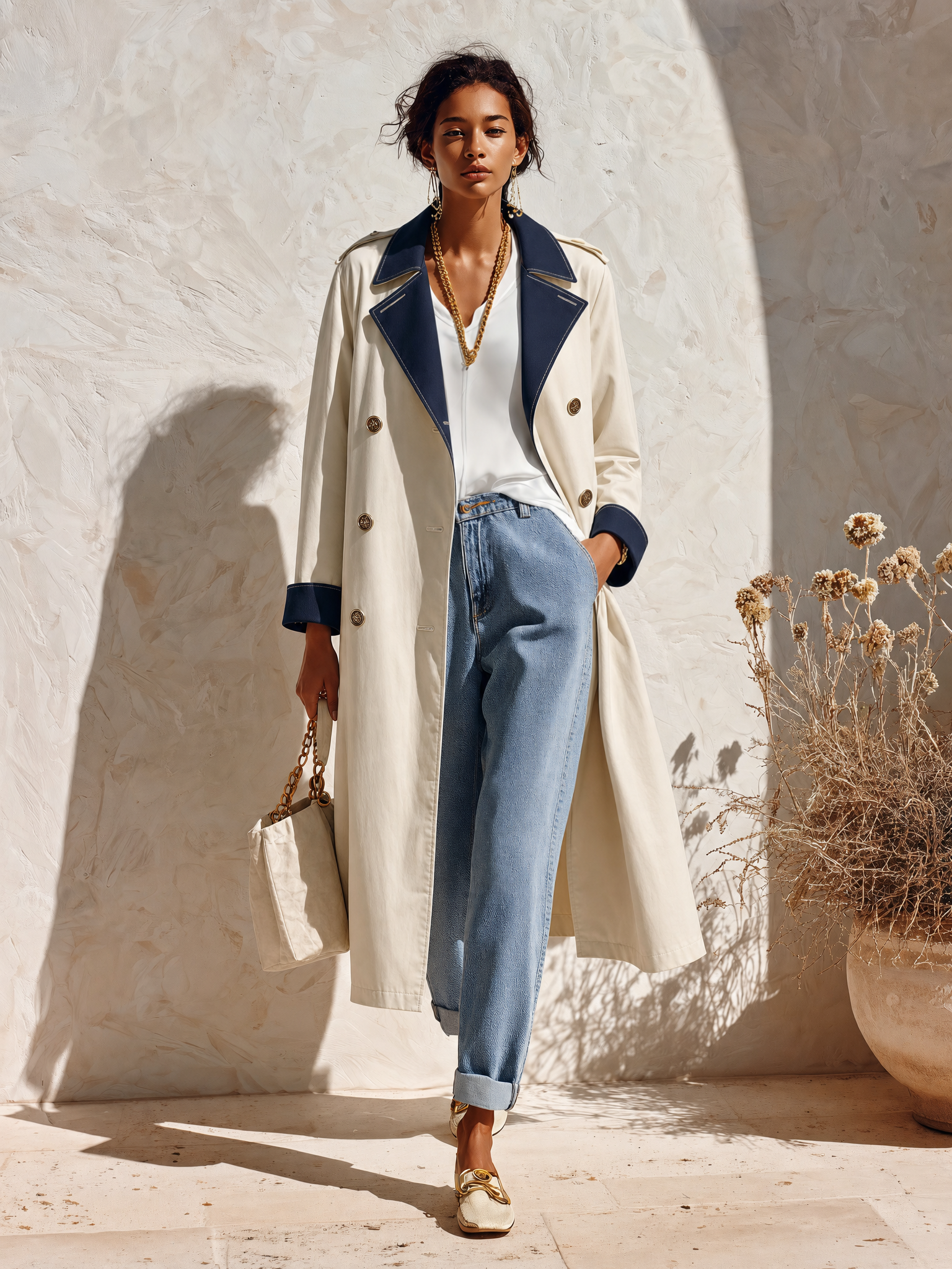 Resort-style Lapel Color-blocked Loose Trench Coat